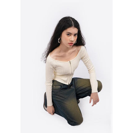 COLORBOX Off Shoulder Long Sleeve Zip Top Ecru