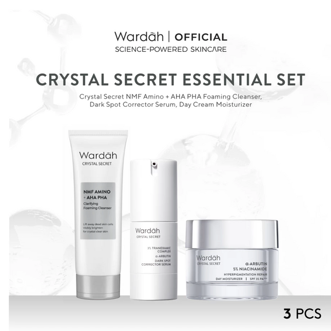Wardah Crystal Secret Essential Package (Cleanser 100 ml, Serum 20 ml, Day Cream 30 g) - Rangkaian Skincare Untuk Mencerahkan