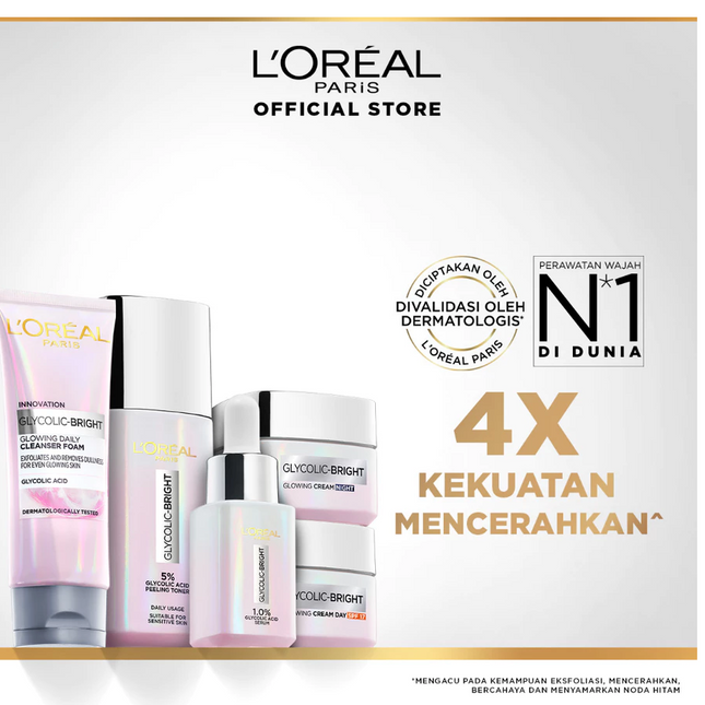 L'Oreal Paris Glycolic Bright Glowing Skincare Set Mencerahkan - Facial Foam 50 ml, Toner 65ml, Serum 15ml, Day & Night Cream 15ml
