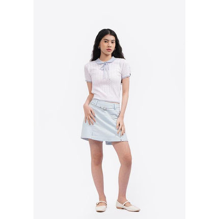 COLORBOX Tied Collar Short Sleeve Polo Top Off White